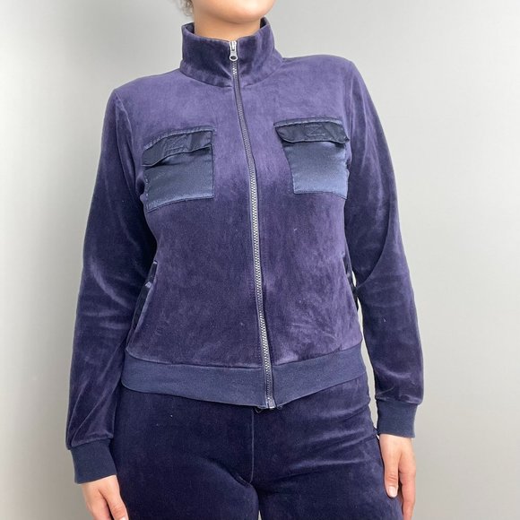 Y2K Coolwear USA Navy Blue Velour Satin Tracksuit - Picture 1 of 6